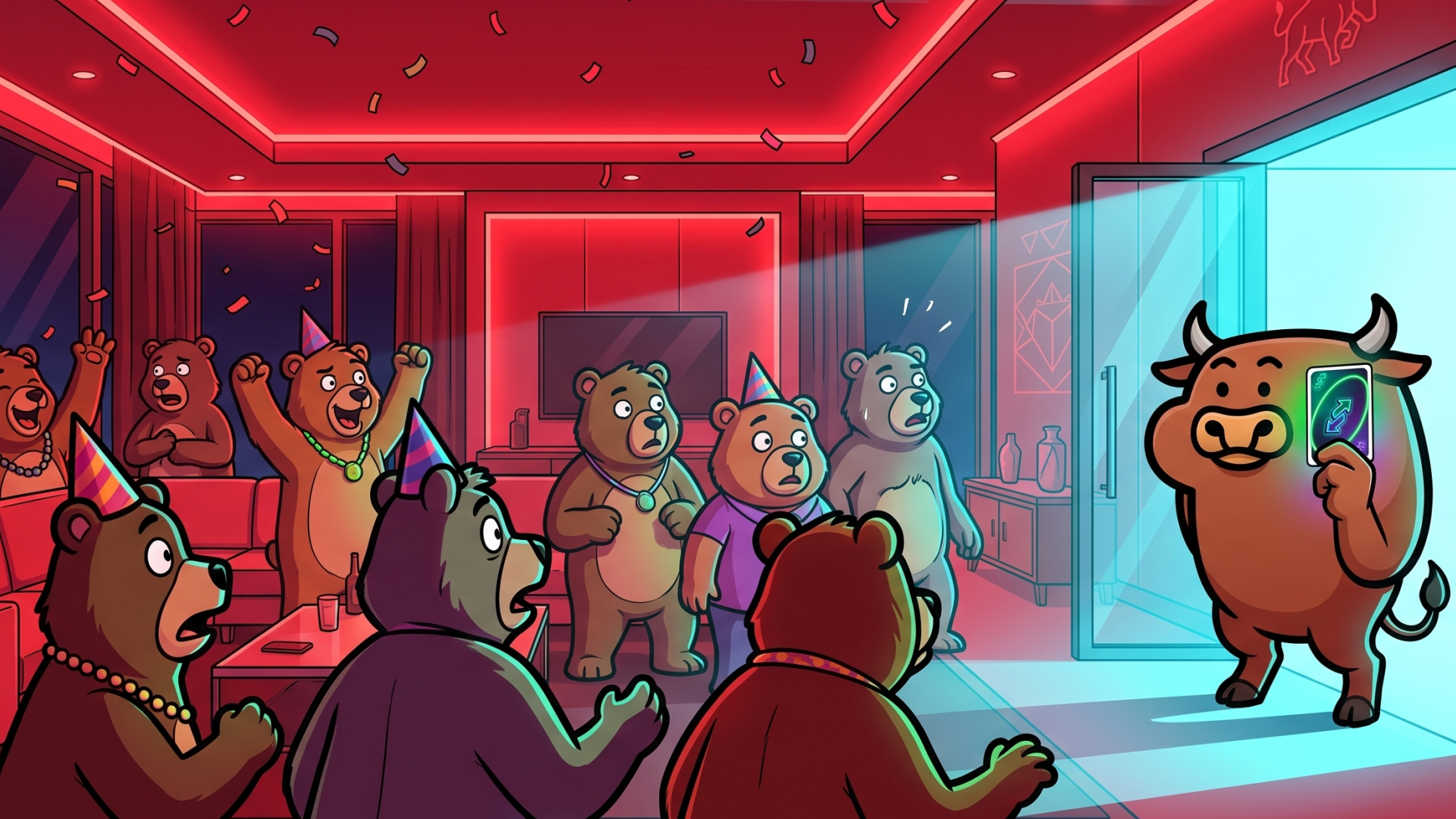 the bull appears in the doorway of cyan light